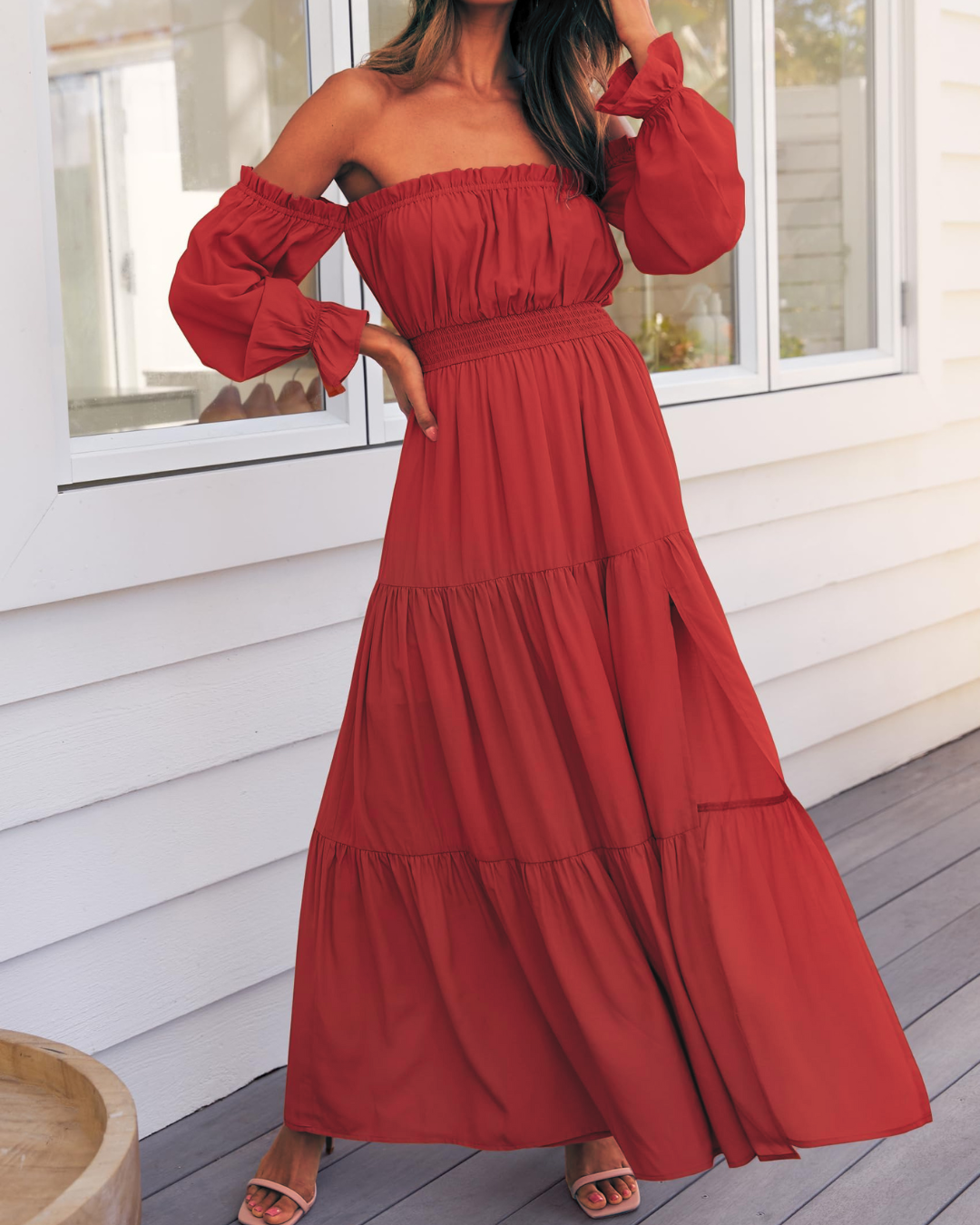 Vestido Maxi de Lino con Capas y Abertura Lateral para Mujer