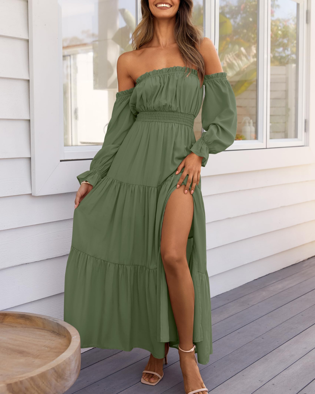 Vestido Maxi de Lino con Capas y Abertura Lateral para Mujer