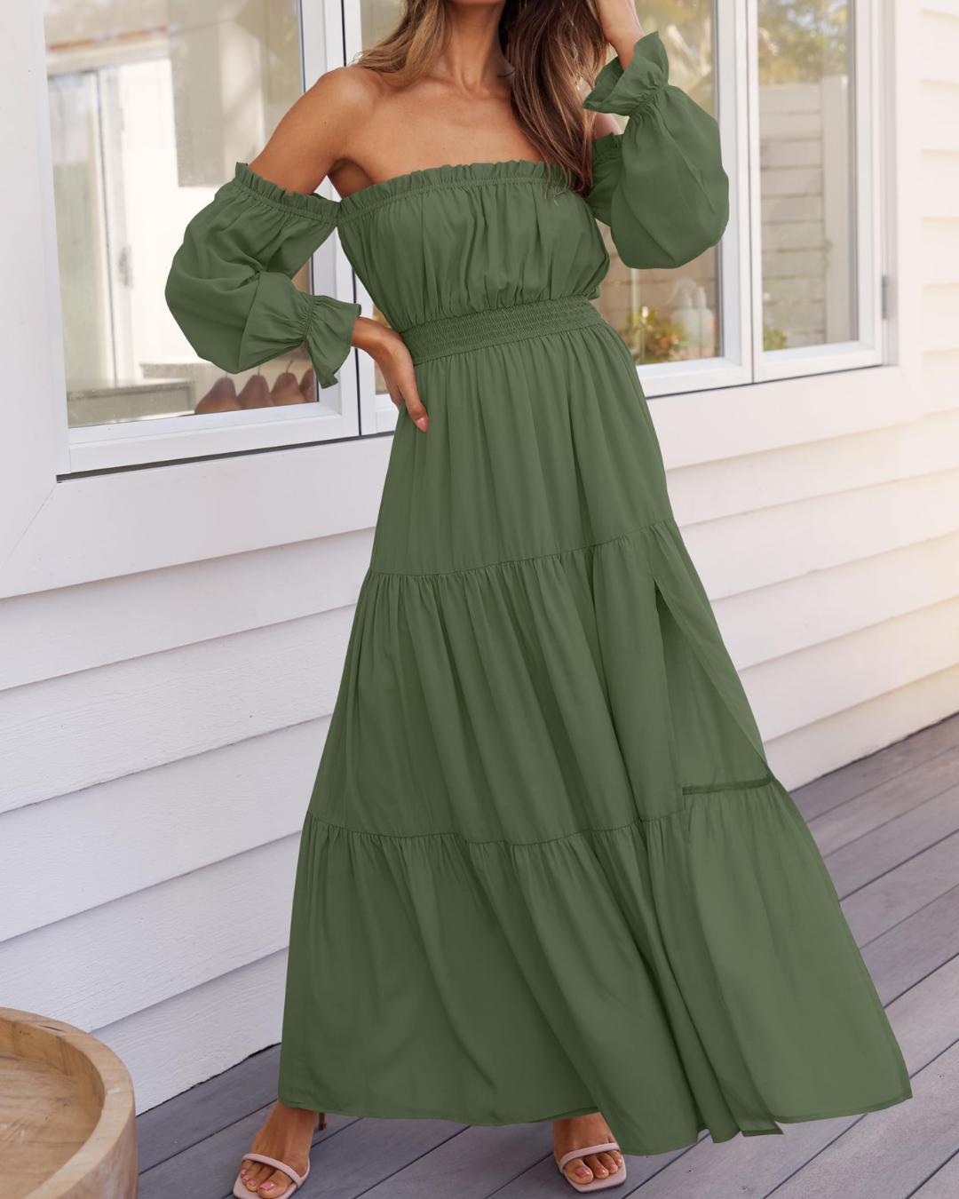 Vestido Maxi de Lino con Capas y Abertura Lateral para Mujer