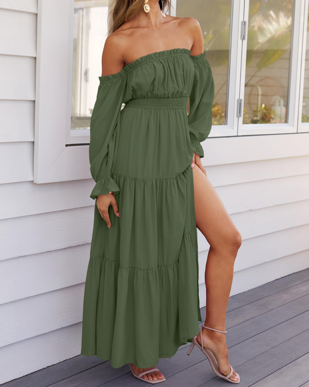 Vestido Maxi de Lino con Capas y Abertura Lateral para Mujer