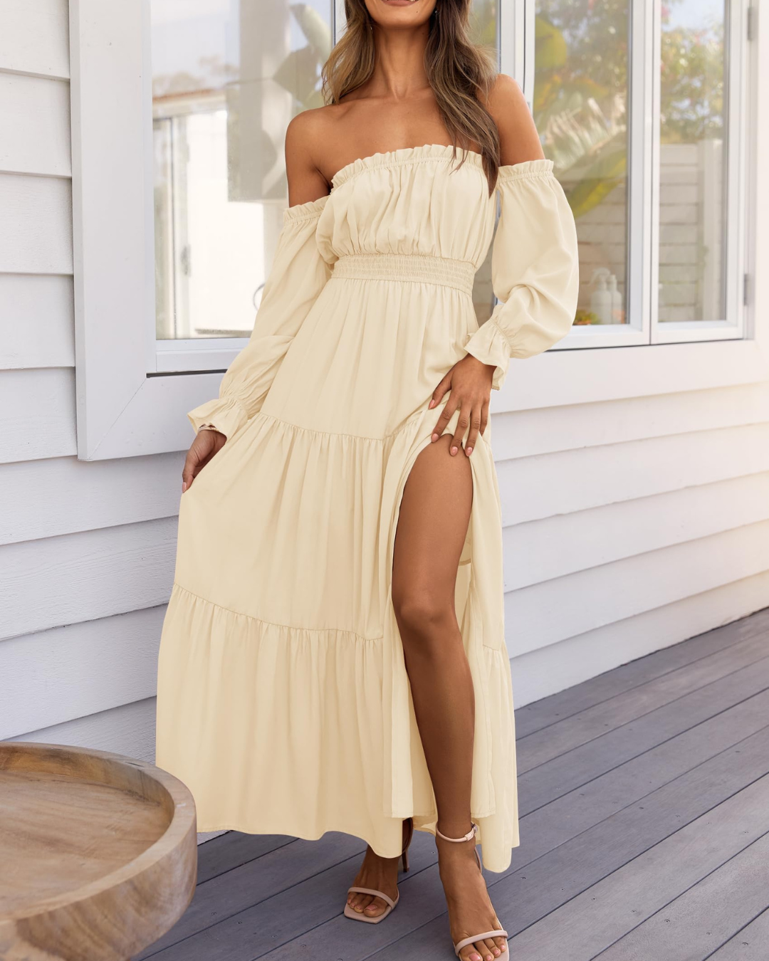 Vestido Maxi de Lino con Capas y Abertura Lateral para Mujer