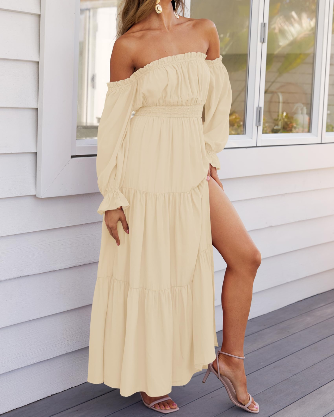 Vestido Maxi de Lino con Capas y Abertura Lateral para Mujer