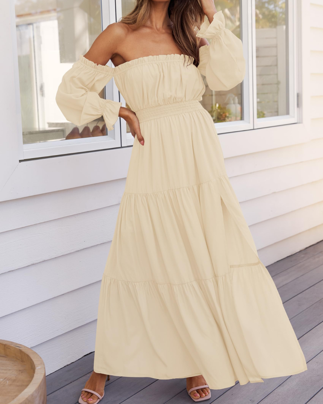 Vestido Maxi de Lino con Capas y Abertura Lateral para Mujer