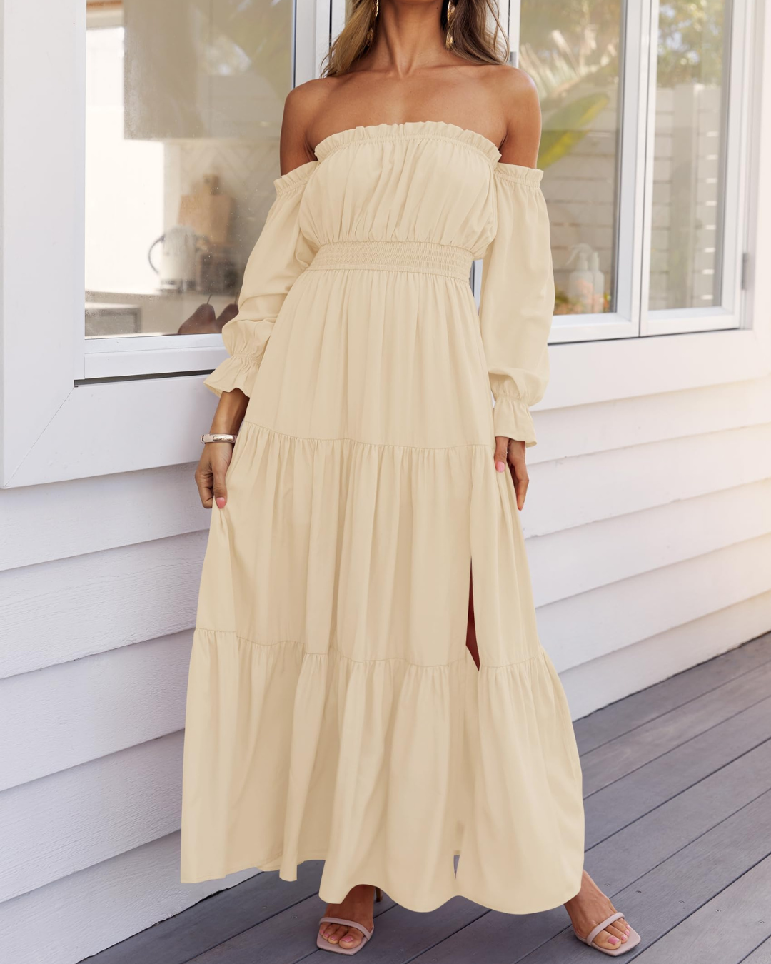 Vestido Maxi de Lino con Capas y Abertura Lateral para Mujer