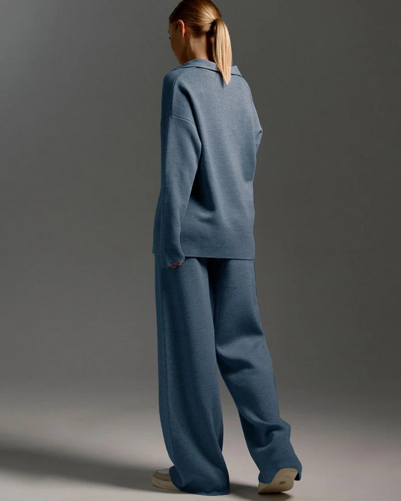 Conjunto de 2 Piezas para Mujer, Sudadera con Cuello de Polo y Pantalón de Pierna Ancha