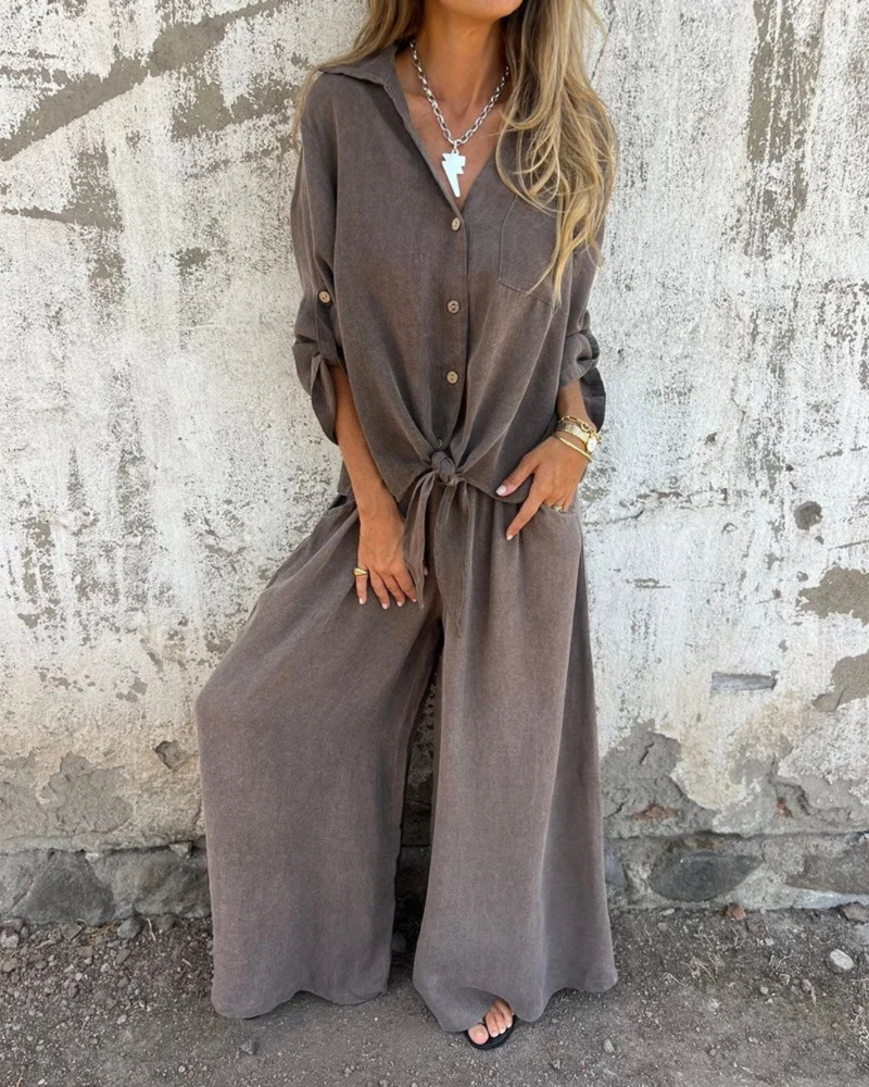 Conjunto de 2 Piezas con Mono Largo de Pierna Ancha para Mujer con Camisa de Botones y Lazo Frontal