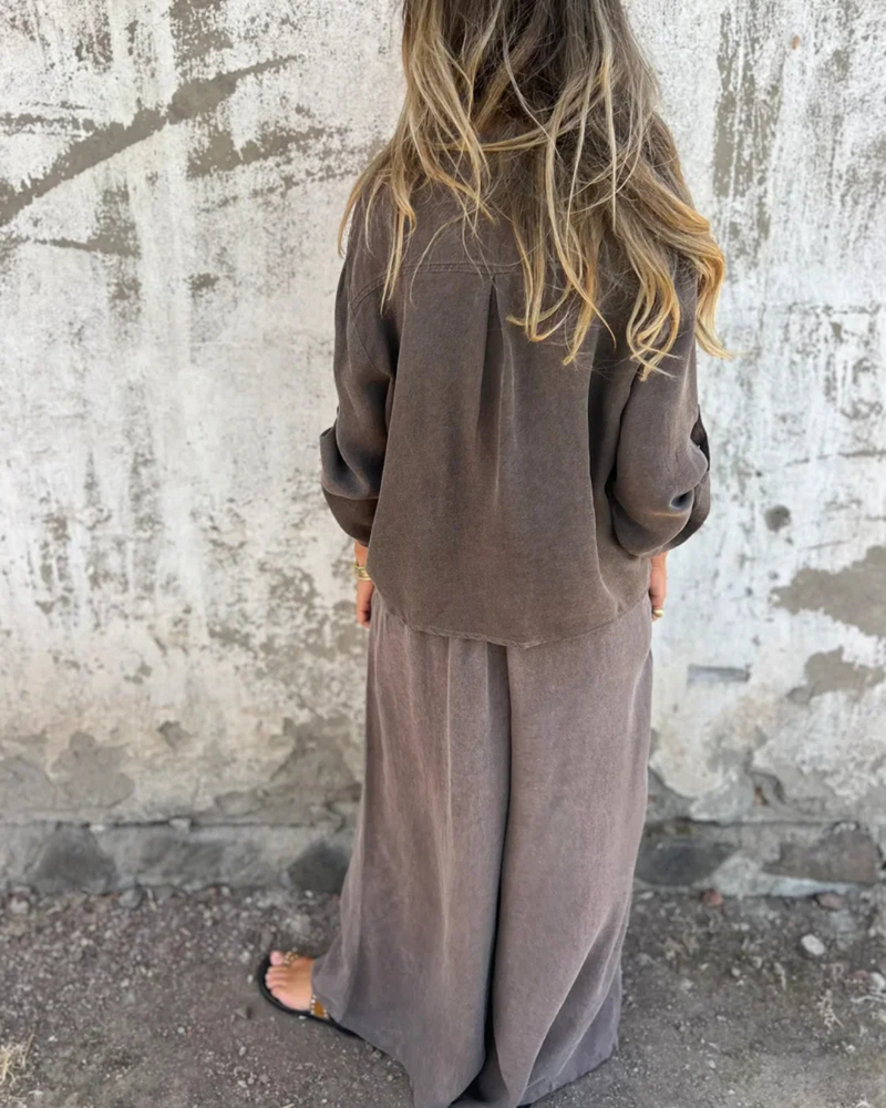 Conjunto de 2 Piezas con Mono Largo de Pierna Ancha para Mujer con Camisa de Botones y Lazo Frontal