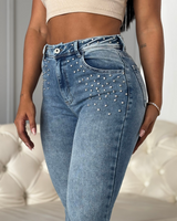 Pantalón de Campana con Detalles de Cristales en los Laterales para Mujer
