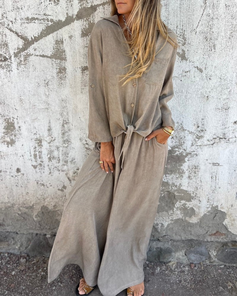 Conjunto de 2 Piezas con Mono Largo de Pierna Ancha para Mujer con Camisa de Botones y Lazo Frontal