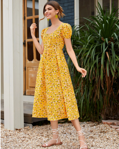 Vestido Estampado con Escote Cuadrado y Corte Imperio