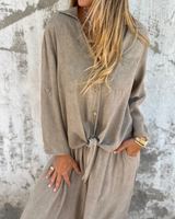 Conjunto de 2 Piezas con Mono Largo de Pierna Ancha para Mujer con Camisa de Botones y Lazo Frontal
