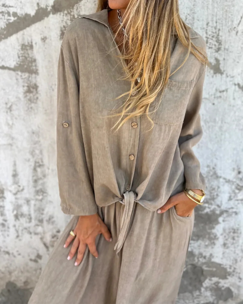Conjunto de 2 Piezas con Mono Largo de Pierna Ancha para Mujer con Camisa de Botones y Lazo Frontal