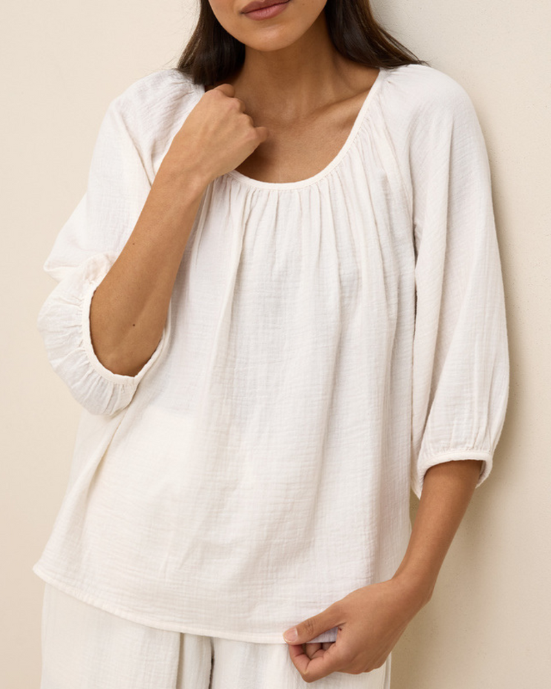 Blusa de Tejido de Doble Gasa y Cuello Redondo Ligera y Natural