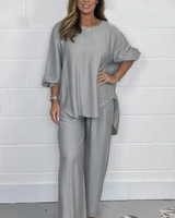 Conjunto Casual de Mujer con Blusa Asimétrica y Pantalón de Piernas Anchas