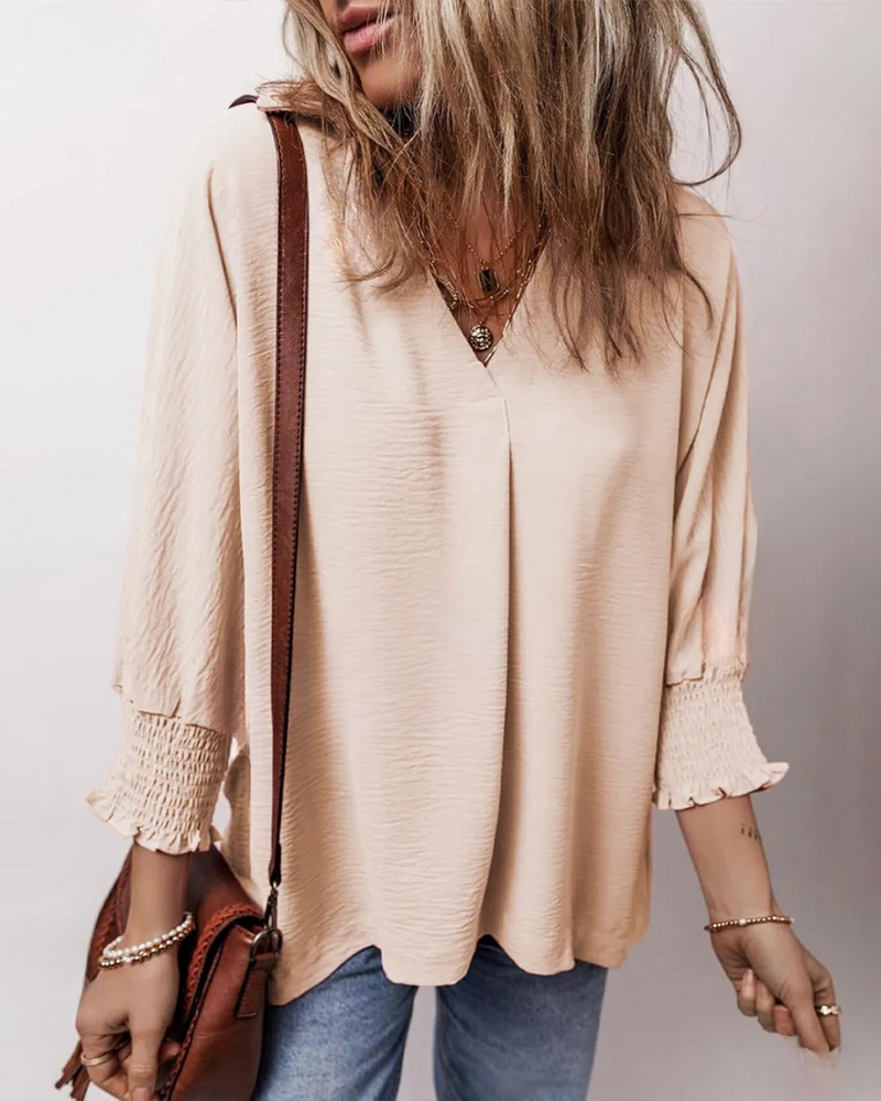 Blusa Casual de Mujer con Escote en V y Manga 3/4 de Corte Suelto