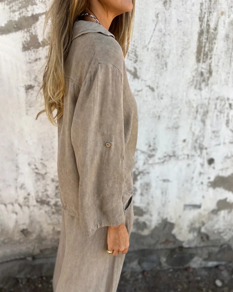 Conjunto de 2 Piezas con Mono Largo de Pierna Ancha para Mujer con Camisa de Botones y Lazo Frontal