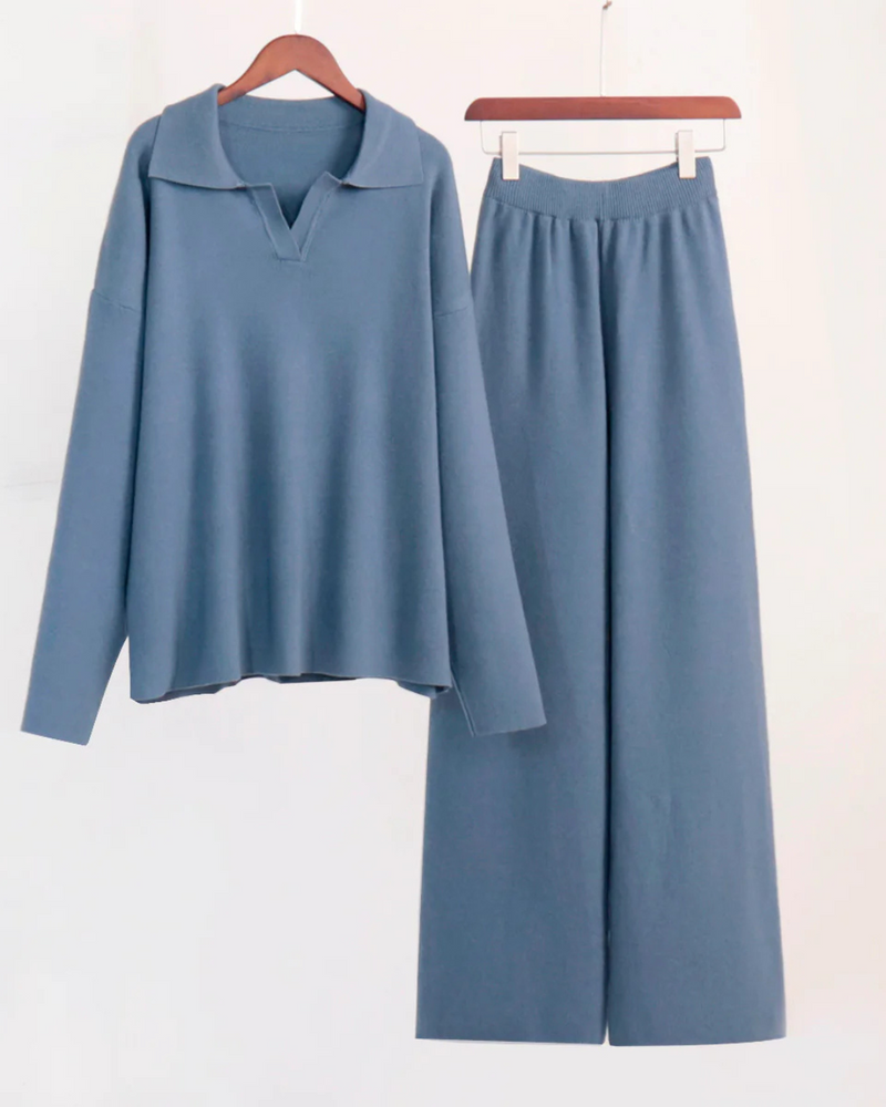 Conjunto de 2 Piezas para Mujer, Sudadera con Cuello de Polo y Pantalón de Pierna Ancha