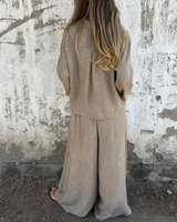 Conjunto de 2 Piezas con Mono Largo de Pierna Ancha para Mujer con Camisa de Botones y Lazo Frontal