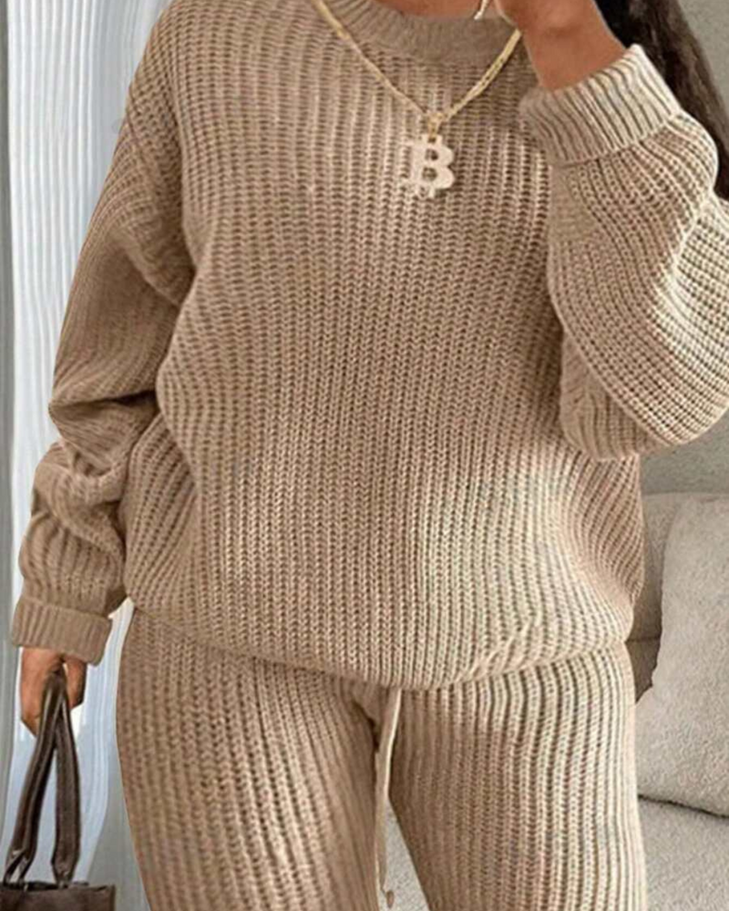 Conjunto Casual de Jersey de Manga Larga con Cuello Redondo y Pantalón Unicolor