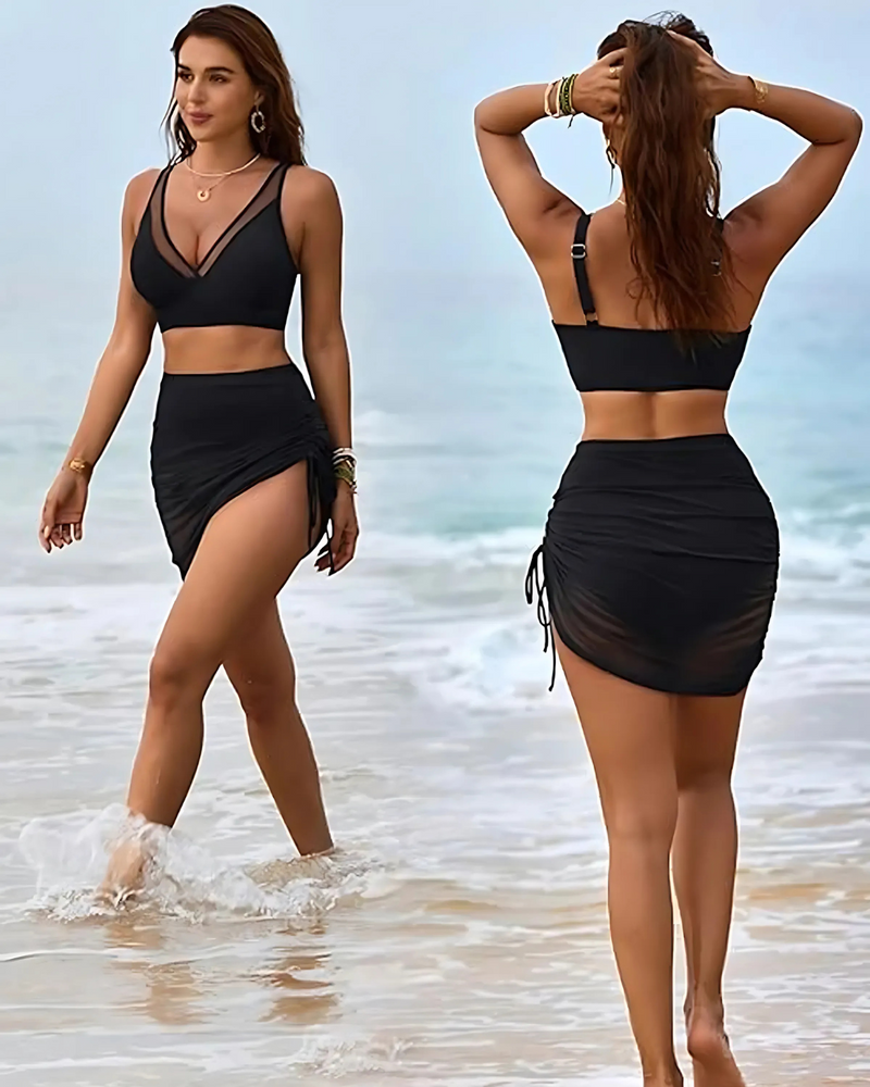Bikini de Cintura Alta con Control de Abdomen y Pareo de Malla a Juego para Estilo y Cobertura