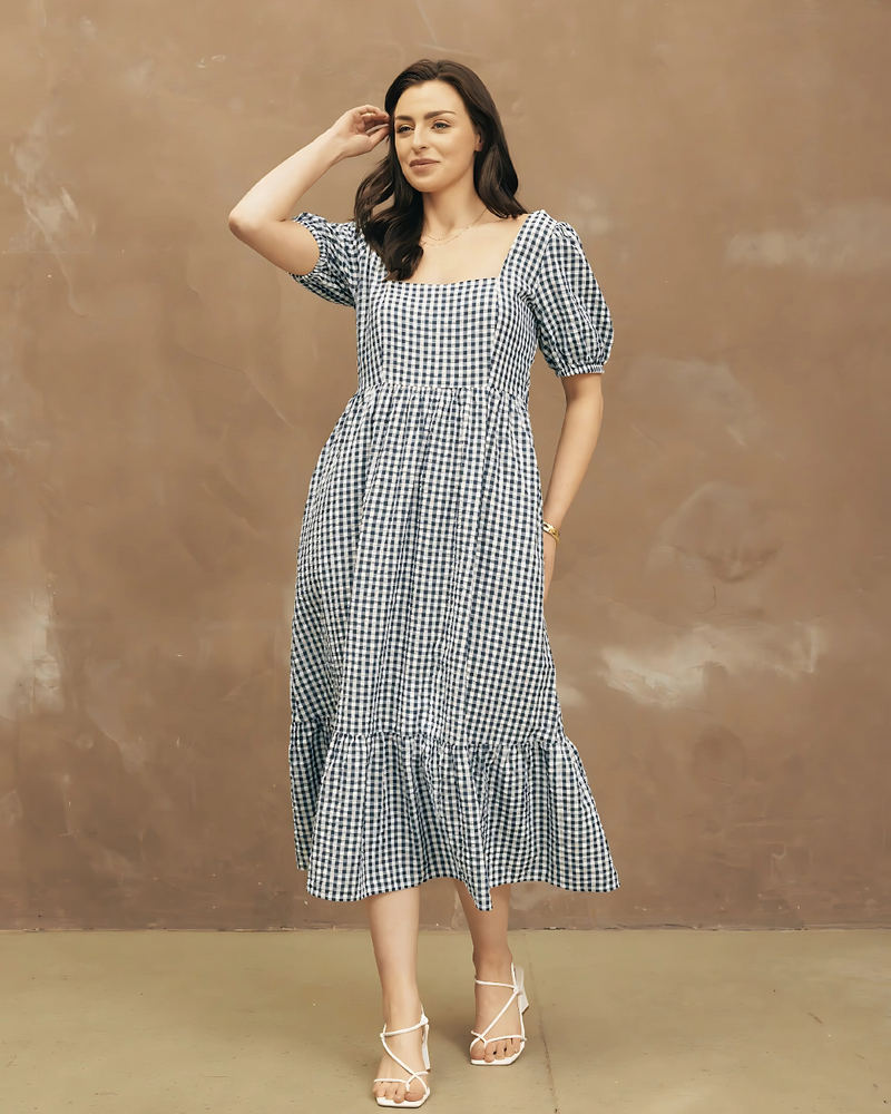 Vestido de Cuadros Gingham con Volados Estilo Fresco y Elegante
