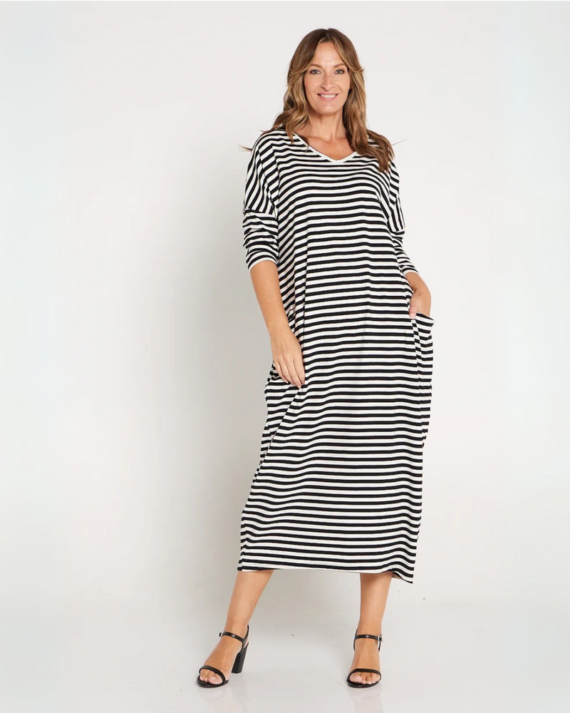 Vestido de Rayas con Cuello en V y Bolsillos Frontales para Mujer