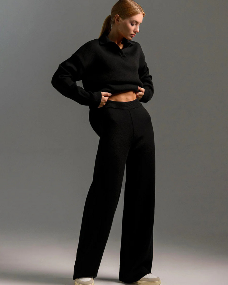 Conjunto de 2 Piezas para Mujer, Sudadera con Cuello de Polo y Pantalón de Pierna Ancha