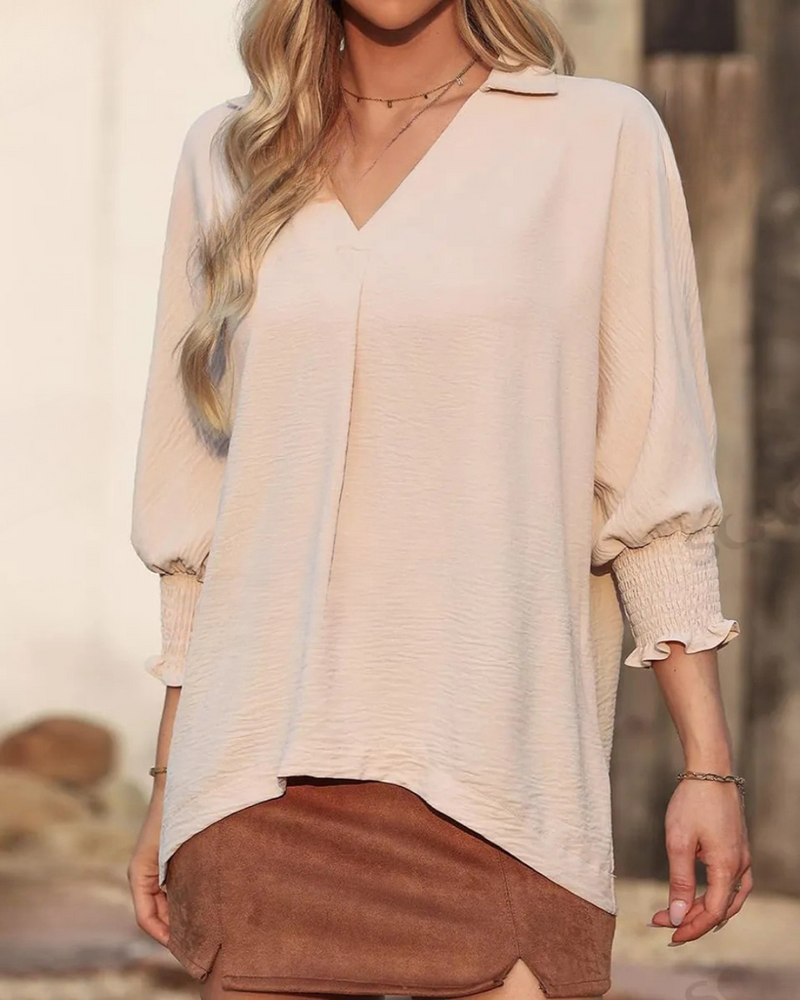 Blusa Casual de Mujer con Escote en V y Manga 3/4 de Corte Suelto