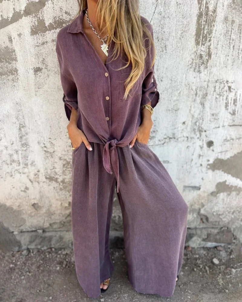 Conjunto de 2 Piezas con Mono Largo de Pierna Ancha para Mujer con Camisa de Botones y Lazo Frontal