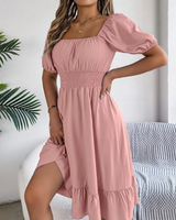 Vestido Elegante con Mangas Abullonadas y Escote Cuadrado