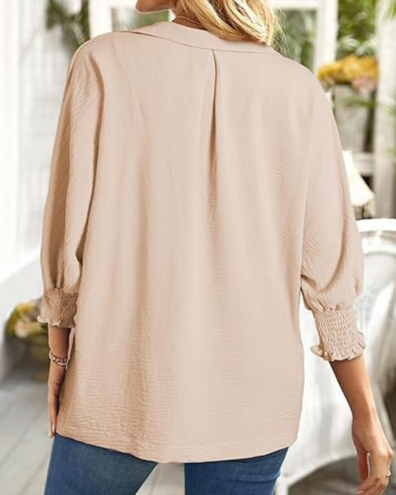 Blusa Casual de Mujer con Escote en V y Manga 3/4 de Corte Suelto