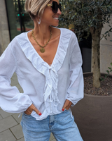 Blusa con Volantes y Lazo Delante en Tejido Ligero y Mangas Abullonadas
