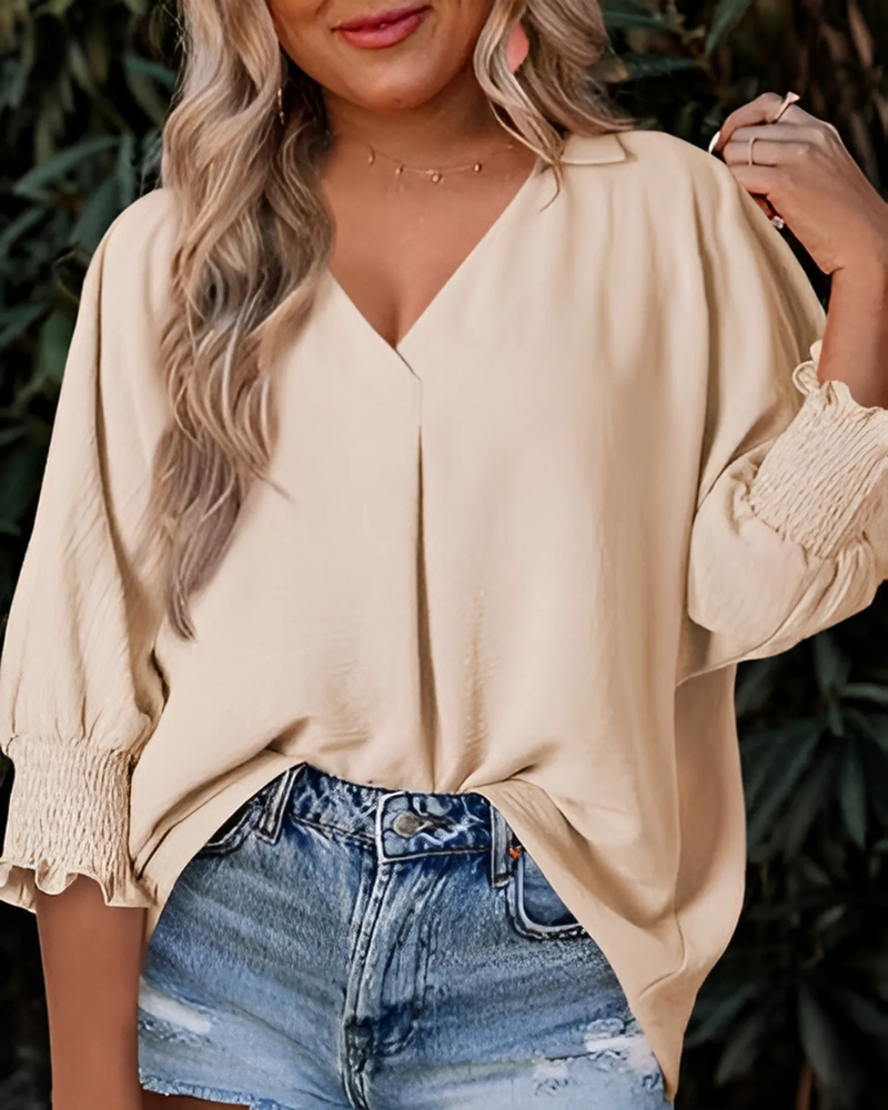 Blusa Casual de Mujer con Escote en V y Manga 3/4 de Corte Suelto