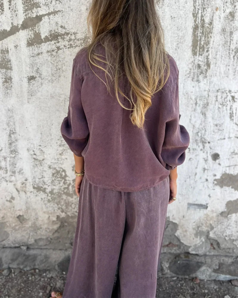 Conjunto de 2 Piezas con Mono Largo de Pierna Ancha para Mujer con Camisa de Botones y Lazo Frontal