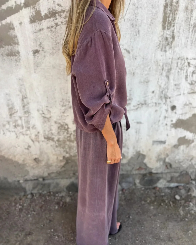 Conjunto de 2 Piezas con Mono Largo de Pierna Ancha para Mujer con Camisa de Botones y Lazo Frontal