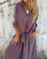 Conjunto de 2 Piezas con Mono Largo de Pierna Ancha para Mujer con Camisa de Botones y Lazo Frontal