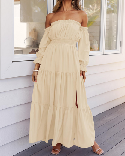 Vestido Maxi de Lino con Capas y Abertura Lateral para Mujer