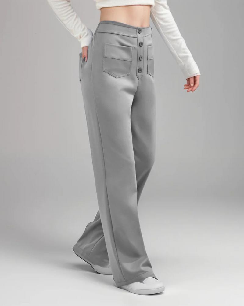 Pantalón Recto de Talle Alto con Botones Decorativos y Bolsillos Delanteros de Estilo Práctico