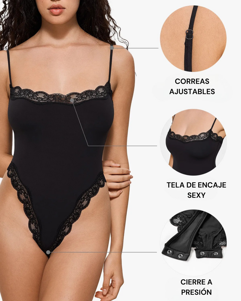 Body Tanga con Escote Cuadrado con Ribete de Encaje